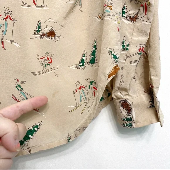 vintage | evan piccone skiing skating winter fun print silk blouse m - Picture 11 of 12